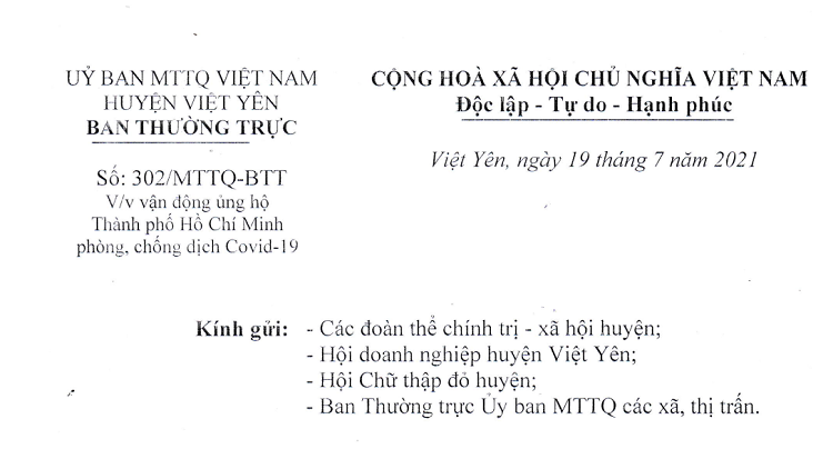 Ủy ban MTTQ Việt Nam huyện Việt Yên kêu gọi ủng hộ Thành phố Hồ Chí Minh phòng, chống dịch Covid-19